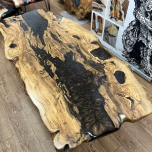 שולחן סלון ו שולחן קפה מעץ זית עם שילוב אפוקסי צבע חום